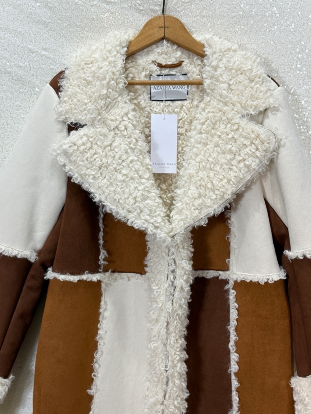 Azalea Wang Telluride Longline Patchwork Faux Shearling Coat Sherpa Boho Western - Picture 5 of 15